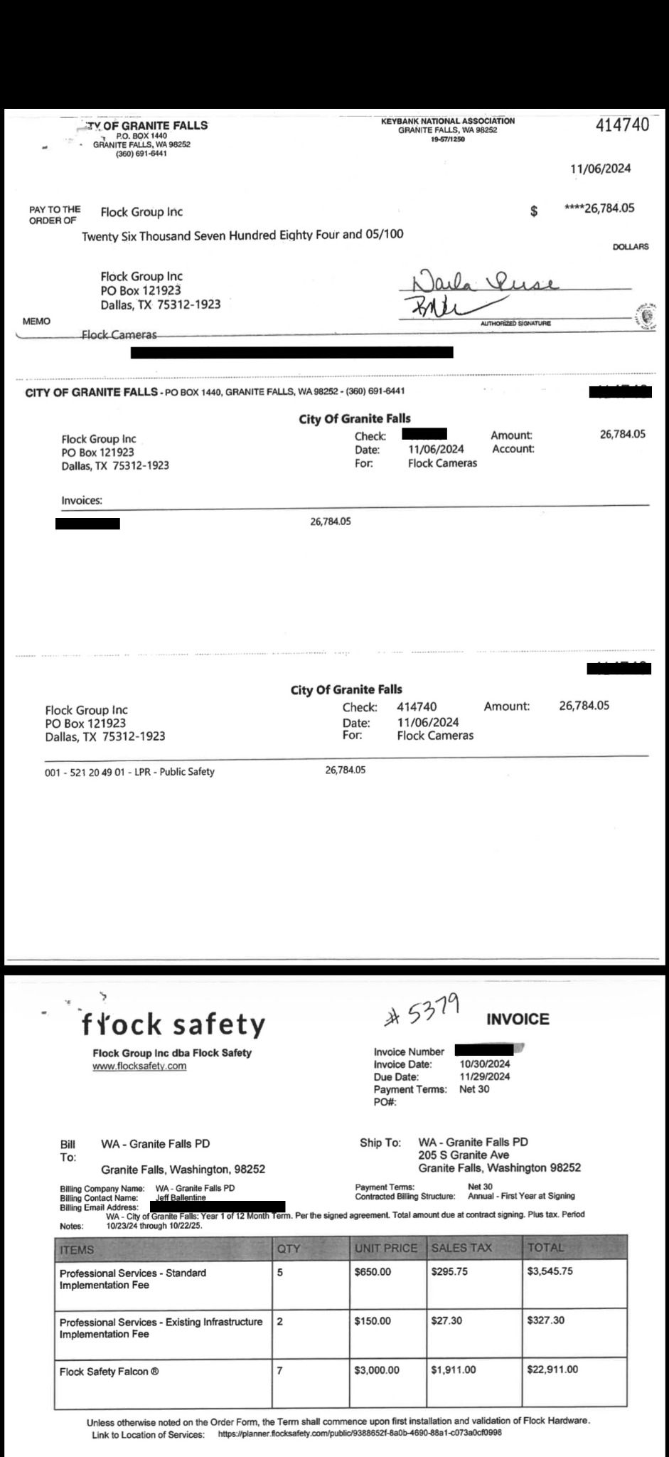 City payment record and Flock invoice